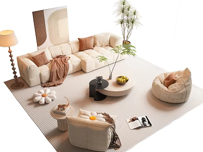 Beige Sofa Coffee Table Combination With Throw Pillows Blanket And Potted Plant On Rug 3d model