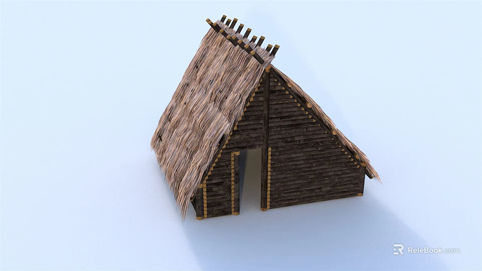 Traditional Rustic Wooden Cabin With Thatched Roof And Wooden Plank Walls 3d model 