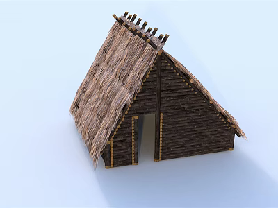 Traditional Rustic Wooden Cabin With Thatched Roof And Wooden Plank Walls 3d model