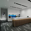 Modern Office Front Reception Desk With White Counter Company Logo And Blue Cabinets