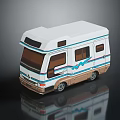 Stylish White Recreational Vehicle with Blue Brown Stripes and Windows Design