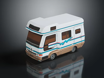 Stylish White Recreational Vehicle with Blue Brown Stripes and Windows Design 3d model