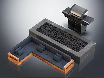 Outdoor Living Space With L Shaped Sofa Fire Pit Black Stones And Grill Setup 3d model