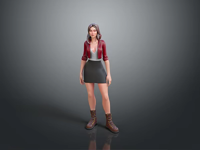 Game Movie Character 3D Model In Red Jacket Gray Vest Black Skirt And Brown Boots 3d model