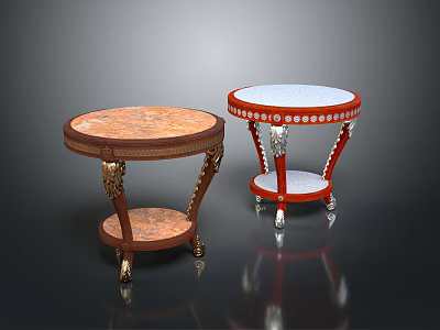 Elegant Decorative Round Tables With Carved Legs Shelves And Colored Tops 3d model