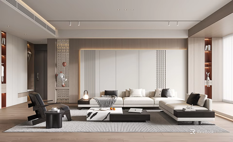 Modern Living Room Interior Design With Sectional Sofa Coffee Table And Striped Rug 3d model 