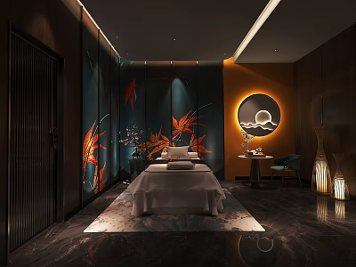 Luxurious Club Lounge Interior With Massage Bed Maple Art Round Moon Light And Soft Carpet 3d model