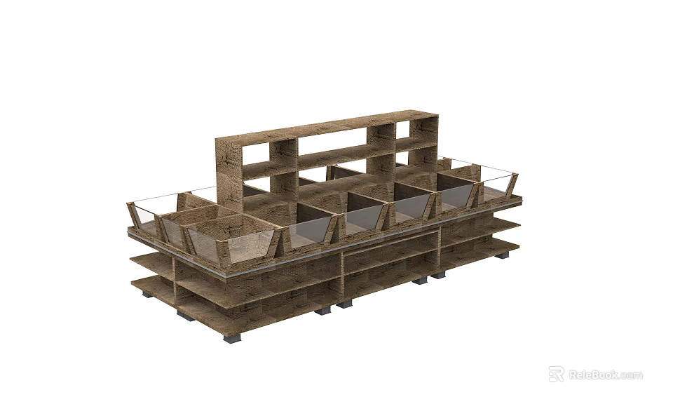 Wooden Display Shelving With Multi Tiered Structure And Clear Glass Dividers 3d model 