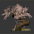 Pink Cherry Blossom Tree With Curved Trunk And Decorative Stone Base