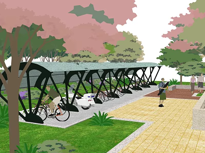 Outdoor Bicycle Parking Canopy With Trees Bikes And People Around 3d model