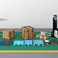 Industrial Equipment With Forklifts Various Colored Pallets And Stacked Boxes For Warehouse Handling