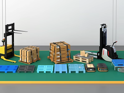 Industrial Equipment With Forklifts Various Colored Pallets And Stacked Boxes For Warehouse Handling 3d model