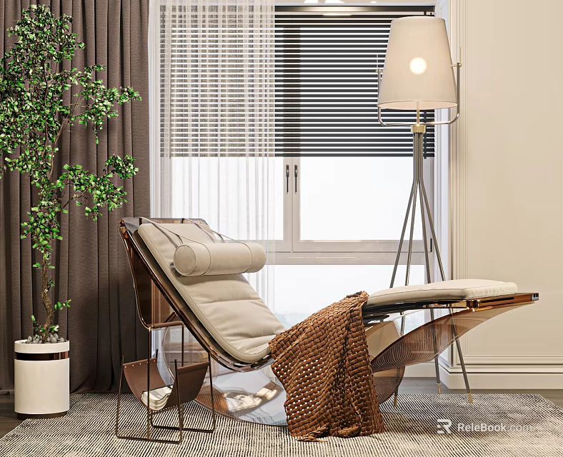 Modern Lounge Chair With Woven Blanket Floor Lamp And Potted Plant Near Window 3d model 