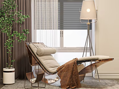 Modern Lounge Chair With Woven Blanket Floor Lamp And Potted Plant Near Window 3d model