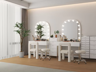 Dressing Tables with Lighted Mirrors Cosmetics and White Stools in Bright Wooden Floor Room 3d model