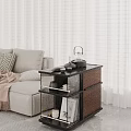 Modern Side Table With Glass Shelves And Wooden Frame Next To Beige Sofa