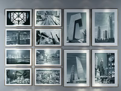 Black and White City Architecture Landscape Paintings Framed on Wall with Urban Landmarks 3d model