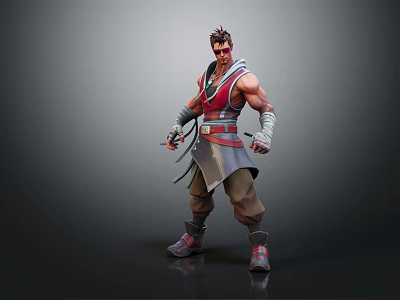 3D Human Warrior Character With Red Gray Costume Muscular Build Dagger Weapon Determined Stance 3d model