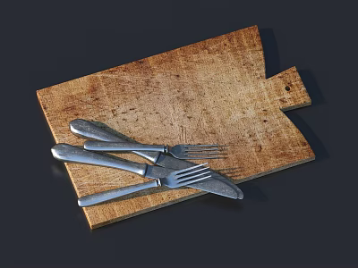 Wooden Cutting Board with Stainless Steel Cutlery Set Including Knife Fork and Spoon 3d model