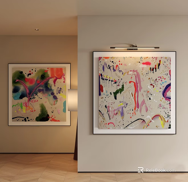 Abstract Oil Paintings With Vibrant Color Splatter Effects And Brush Strokes In Framed Wall Art 3d model 