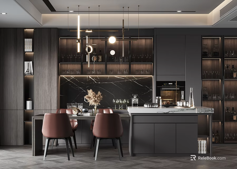 Modern Dining Table Set With Brown Chairs Pendant Lights Wine Cabinets And Marble Backdrop 3d model