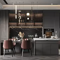 Modern Dining Table Set With Brown Chairs Pendant Lights Wine Cabinets And Marble Backdrop 3d model