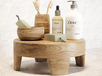 Natural Wooden Bathroom Accessories on Rustic Table with Soap Bar Toothbrushes and Dove Toiletries 3d model