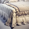 Double Bed With Multiple Pillows Soft Beige Ruched Bedspread Frilled Edges 3d model