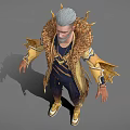 Game Movie Character With Gray Hair Beard Ornate Golden Decor Outfit Dark Pants Golden Shoes