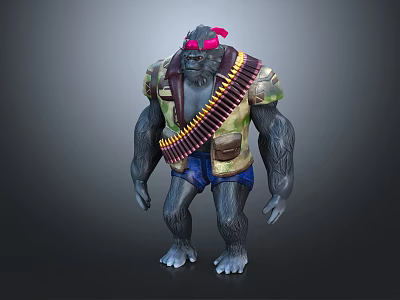 Gorilla Creature Character With Pink Headgear Ammunition Belt Vest And Shorts 3d model