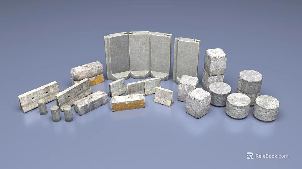 Various Construction Scene Components Including Concrete Blocks Columns Panels And Cylinders 3d model 