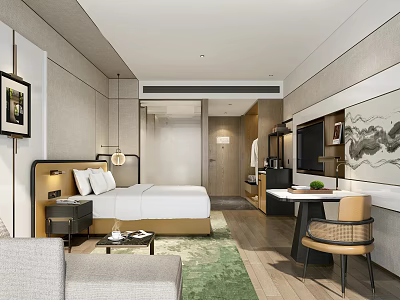 Modern Hotel Room Interior With King Bed Sofa Writing Desk And Decorative Painting 3d model