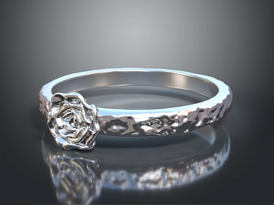 Elegant Silver Ring With Rose Flower Design And Hammered Band Texture 3d model