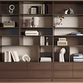 Modern Wooden Bookcase With Open Shelves Books Decorative Sculptures Vases And Drawers