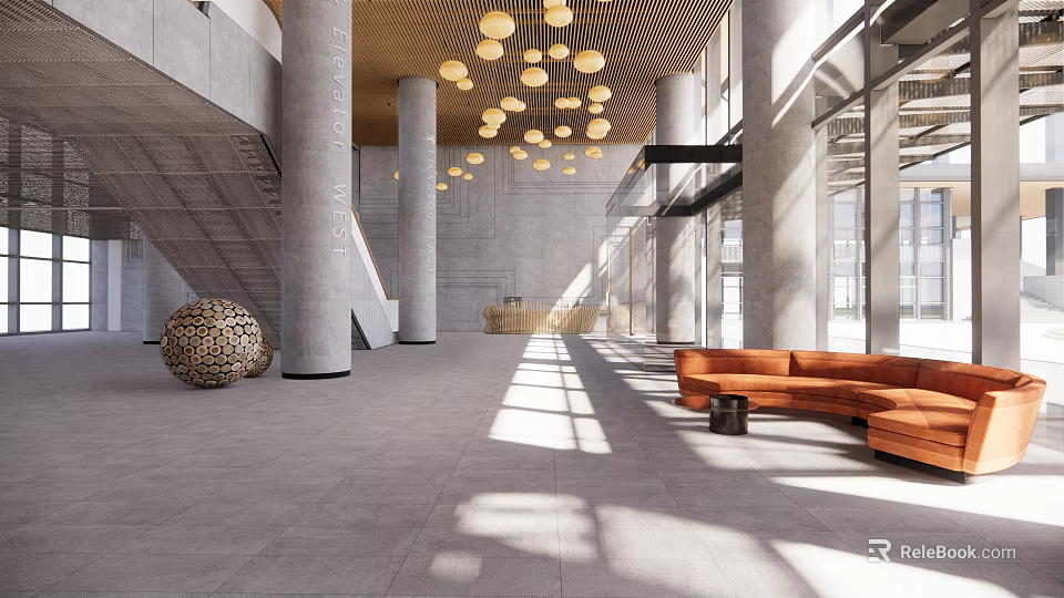 Modern Front Desk Reception Lobby Interior With Gray Flooring Orange Sofa And Pendant Lights 3d model 