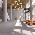 Modern Front Desk Reception Lobby Interior With Gray Flooring Orange Sofa And Pendant Lights