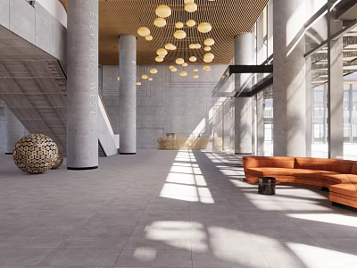 Modern Front Desk Reception Lobby Interior With Gray Flooring Orange Sofa And Pendant Lights 3d model