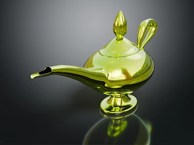 Green Glass Magic Lamp with Genie and Curved Handle Ornate Spout Design 3d model