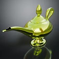 Green Glass Magic Lamp with Genie and Curved Handle Ornate Spout Design