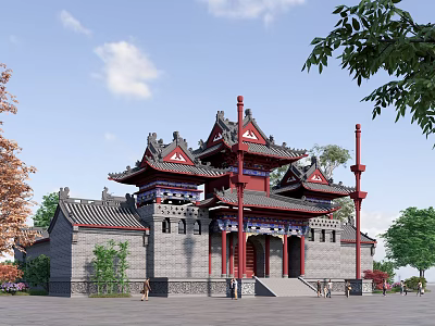 Traditional Chinese Ancient Architecture With Ornate Roof Red Pillars And Carved Decorations 3d model