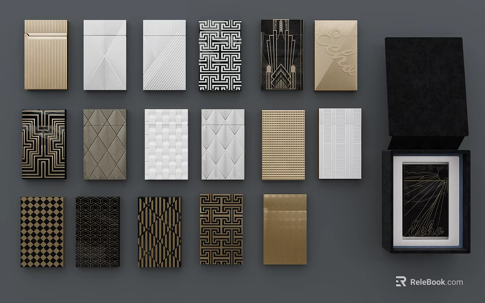 Stylish Decorative Cards And Gift Box With Geometric Patterns Gold Black White 3d model 