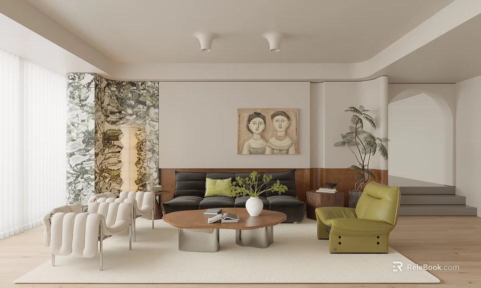Modern Living Room Interior With Black Sofa Coffee Table And Decorative Wall Art 3d model 