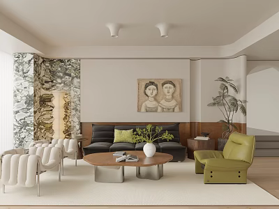 Modern Living Room Interior With Black Sofa Coffee Table And Decorative Wall Art 3d model