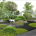 Garden Landscape Design With White Brick Wall And Lush Green Trees