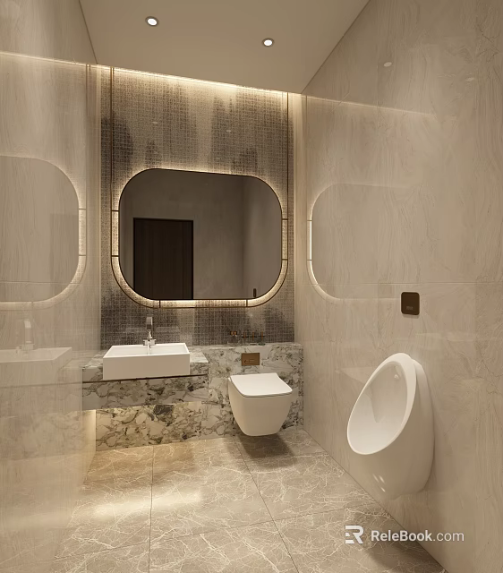 Modern Other Bathroom Interior With Oval Mirror Marble Countertop Toilet And Urinal 3d model 