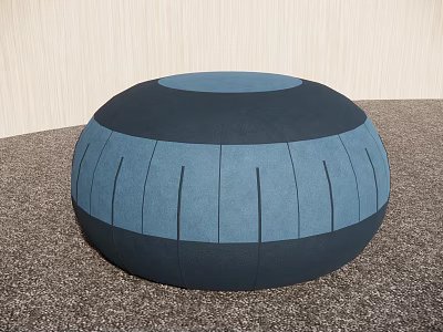 Circular Blue And Black Striped Upholstered Ottoman On Carpet With Light Wall Background 3d model