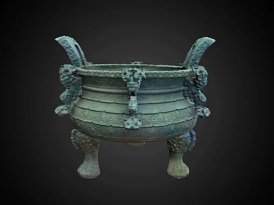 Ancient Chinese Bronze Tripod Cauldron With Decorative Carved Motifs And Three Legs 3d model