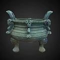Ancient Chinese Bronze Tripod Cauldron With Decorative Carved Motifs And Three Legs