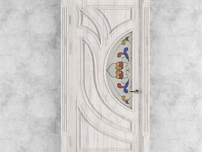 White Swing Door With Semicircular Stained Glass Floral Pattern And Golden Handle On Gray Wall 3d model