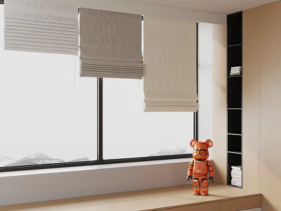 Different Colored Roller Blinds On Window With Scenic Mountain View And Wooden Sill 3d model